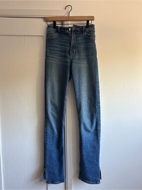 Bershka High-Waist Medium Blue Denim Jeans Split Hem